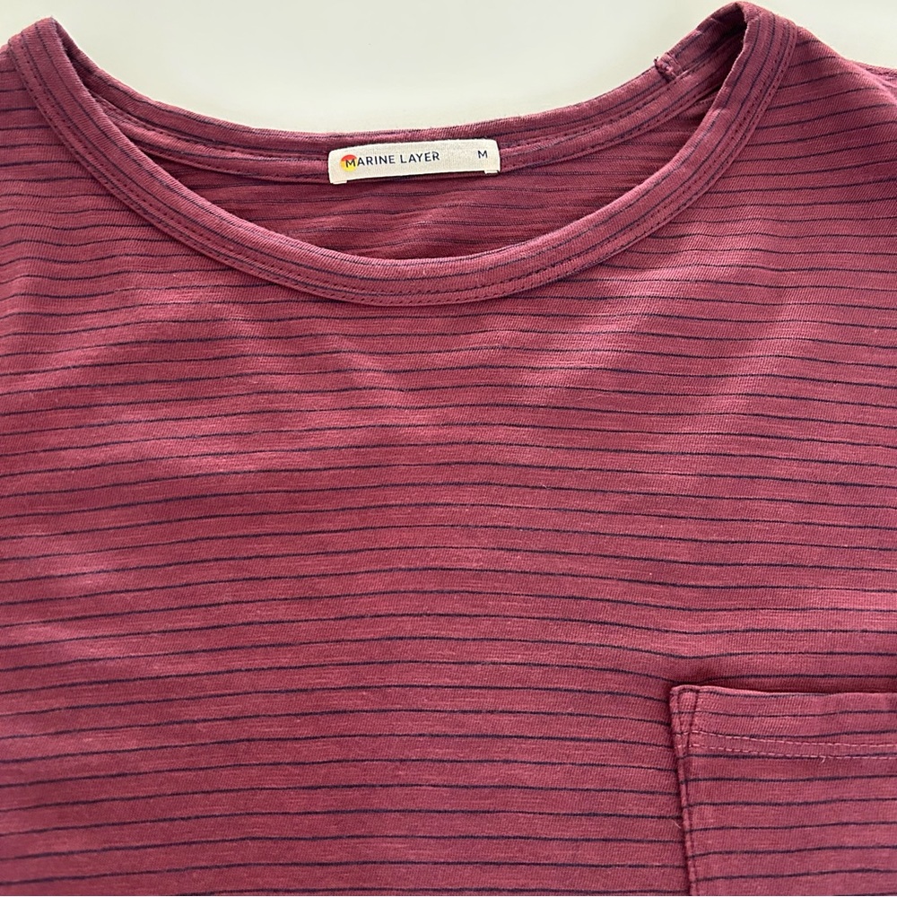 Marine Layer Saddle Hem Pocket Tee in Oxblood Red Stripe